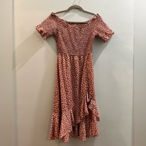 Cutest off the shoulder peasant dress with a ruffle slit!